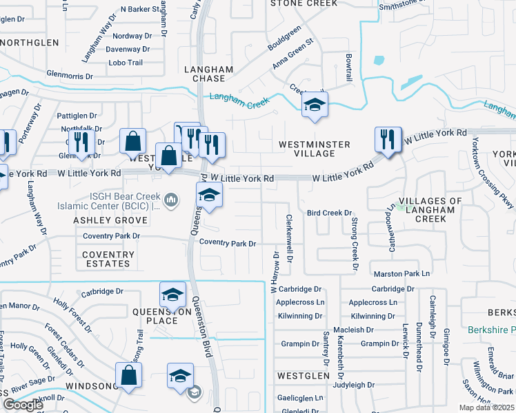 map of restaurants, bars, coffee shops, grocery stores, and more near 17103 Westminster Village Court in Houston