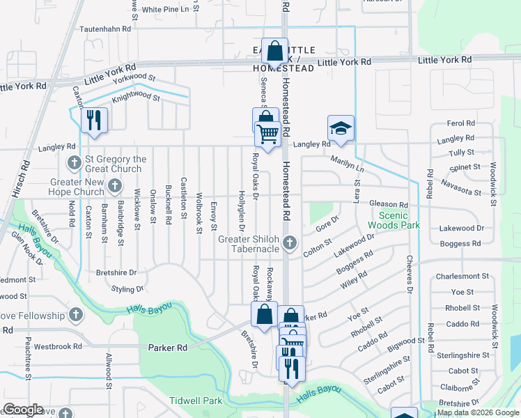 map of restaurants, bars, coffee shops, grocery stores, and more near 10423 Royal Oaks Drive in Houston
