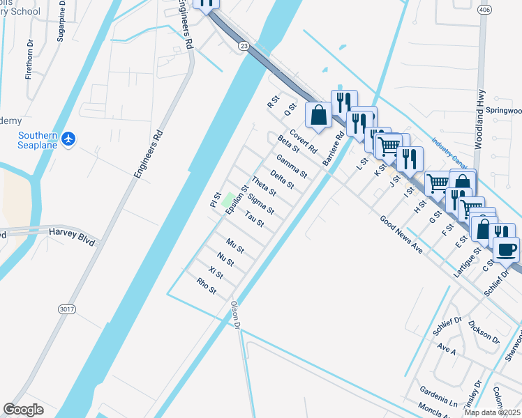 map of restaurants, bars, coffee shops, grocery stores, and more near 114 Sigma Street in Belle Chasse