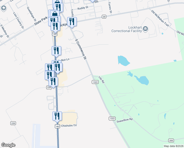 map of restaurants, bars, coffee shops, grocery stores, and more near E Martin Luther King Jr Industrial Blvd in Lockhart