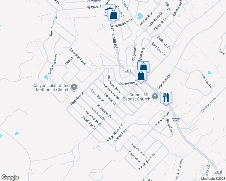 map of restaurants, bars, coffee shops, grocery stores, and more near 283 Valley View Street in Canyon Lake