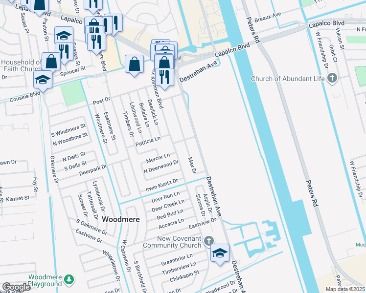 map of restaurants, bars, coffee shops, grocery stores, and more near 2824 Max Drive in Harvey