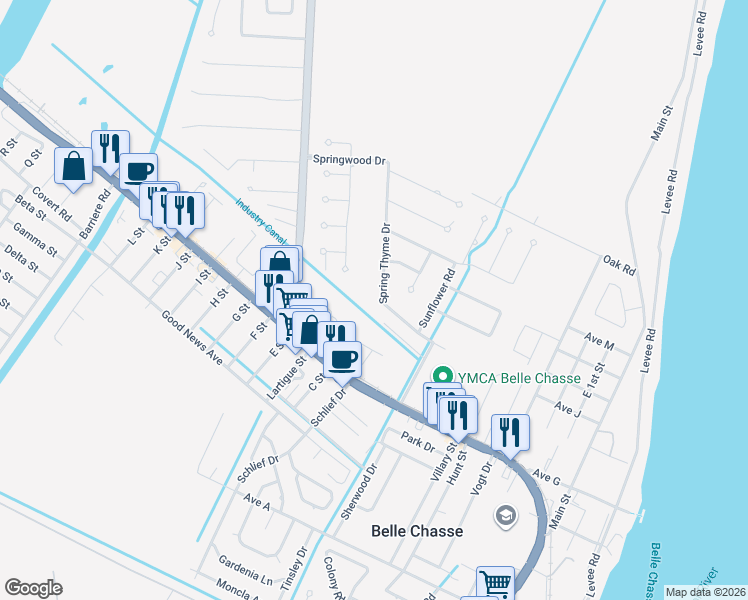 map of restaurants, bars, coffee shops, grocery stores, and more near 740 Spring Thyme Drive in Belle Chasse