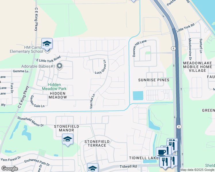 map of restaurants, bars, coffee shops, grocery stores, and more near 9847 Meadow Thistle Lane in Houston