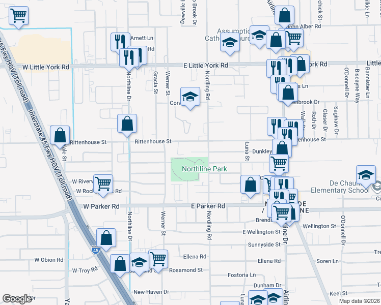 map of restaurants, bars, coffee shops, grocery stores, and more near 416 Dunkley Drive in Houston