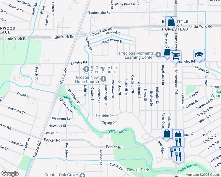map of restaurants, bars, coffee shops, grocery stores, and more near 10449 Wicklowe Street in Houston
