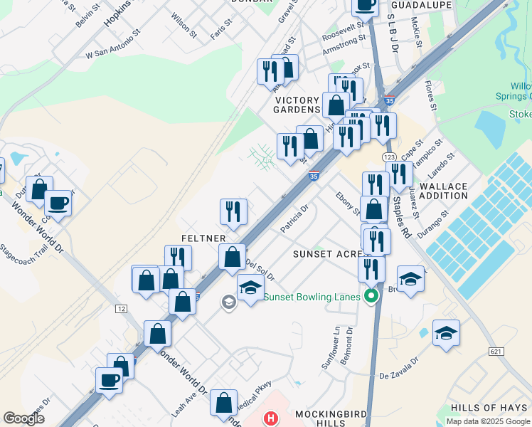 map of restaurants, bars, coffee shops, grocery stores, and more near 1600 Interstate 35 Frontage Road in San Marcos