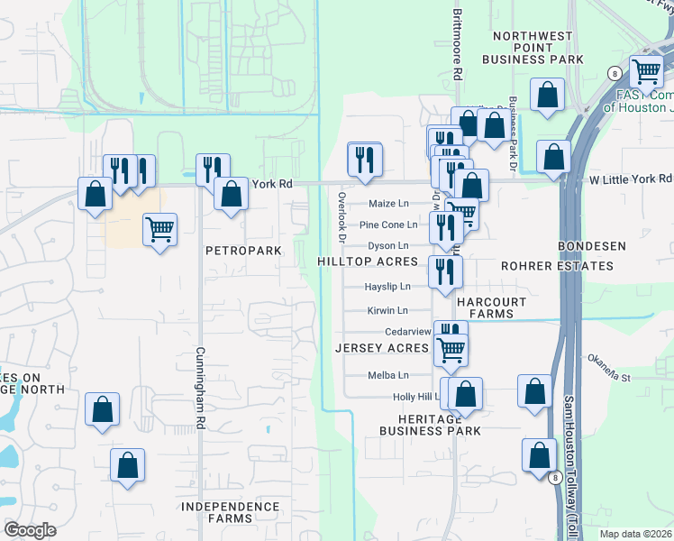 map of restaurants, bars, coffee shops, grocery stores, and more near 6455 Overlook Drive in Houston