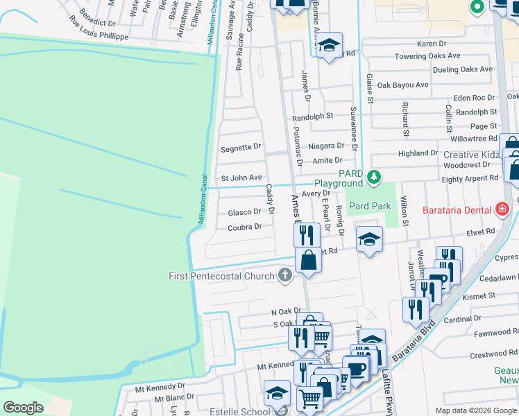 map of restaurants, bars, coffee shops, grocery stores, and more near 5812 Glasco Drive in Marrero