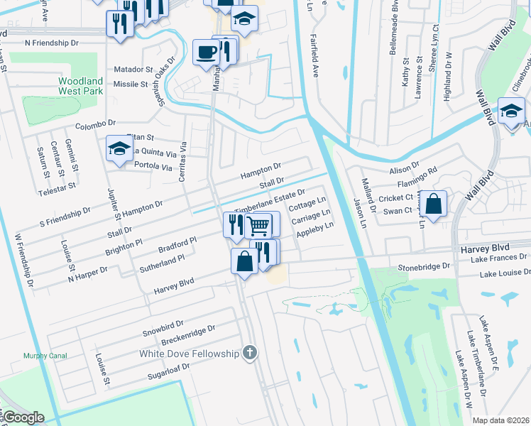 map of restaurants, bars, coffee shops, grocery stores, and more near 1809 Bradford Place in Harvey