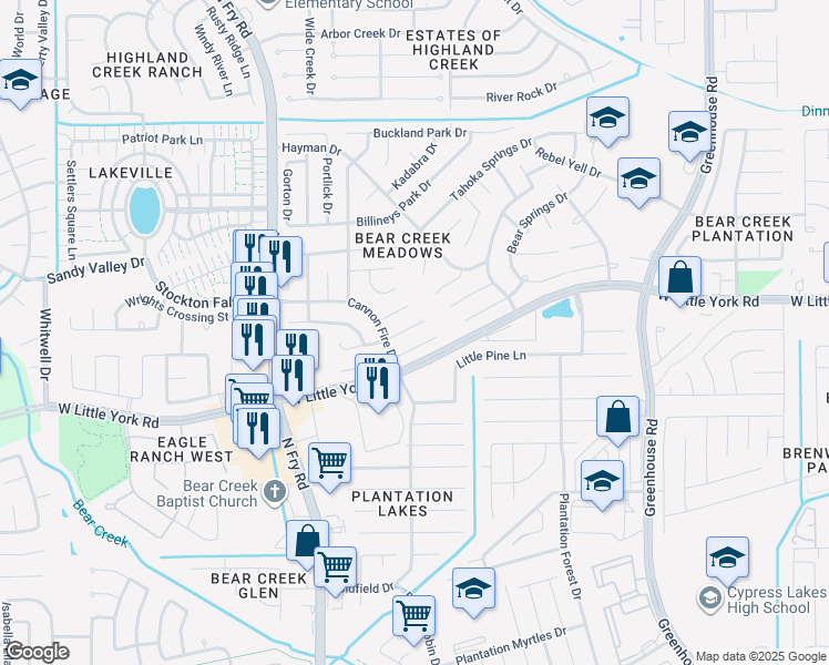 map of restaurants, bars, coffee shops, grocery stores, and more near 19619 Adelaide Meadows Court in Katy