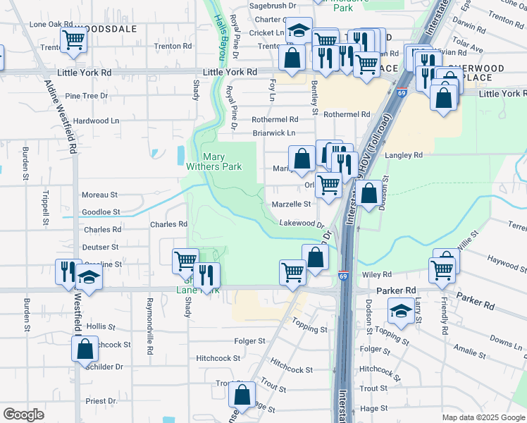 map of restaurants, bars, coffee shops, grocery stores, and more near 3102 Lakewood Drive in Houston