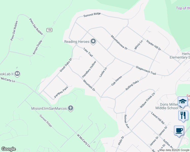 map of restaurants, bars, coffee shops, grocery stores, and more near 2718 Leslie Lane in San Marcos