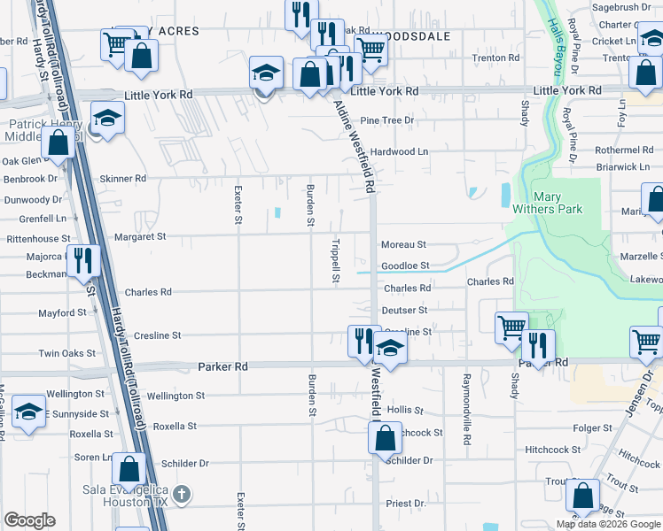 map of restaurants, bars, coffee shops, grocery stores, and more near 10415 Trippell Street in Houston
