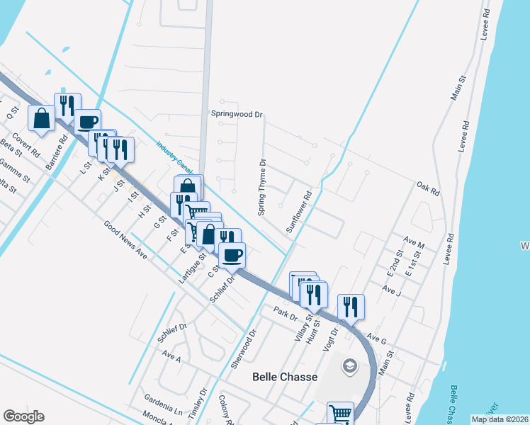 map of restaurants, bars, coffee shops, grocery stores, and more near 740 Spring Thyme Drive in Belle Chasse