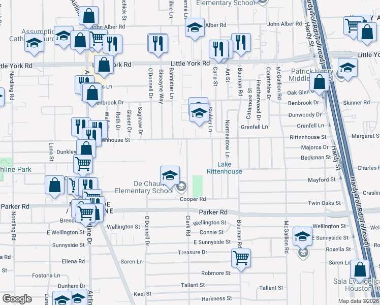 map of restaurants, bars, coffee shops, grocery stores, and more near 11106 Clark Road in Houston
