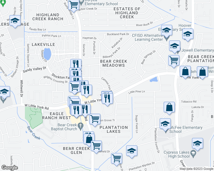 map of restaurants, bars, coffee shops, grocery stores, and more near 19635 Cannon Fire Drive in Katy