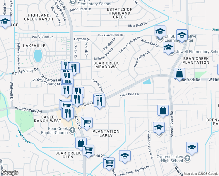 map of restaurants, bars, coffee shops, grocery stores, and more near 19619 Adelaide Meadows Court in Katy