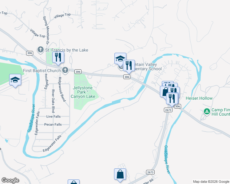 map of restaurants, bars, coffee shops, grocery stores, and more near 193 Riverside Path in Canyon Lake