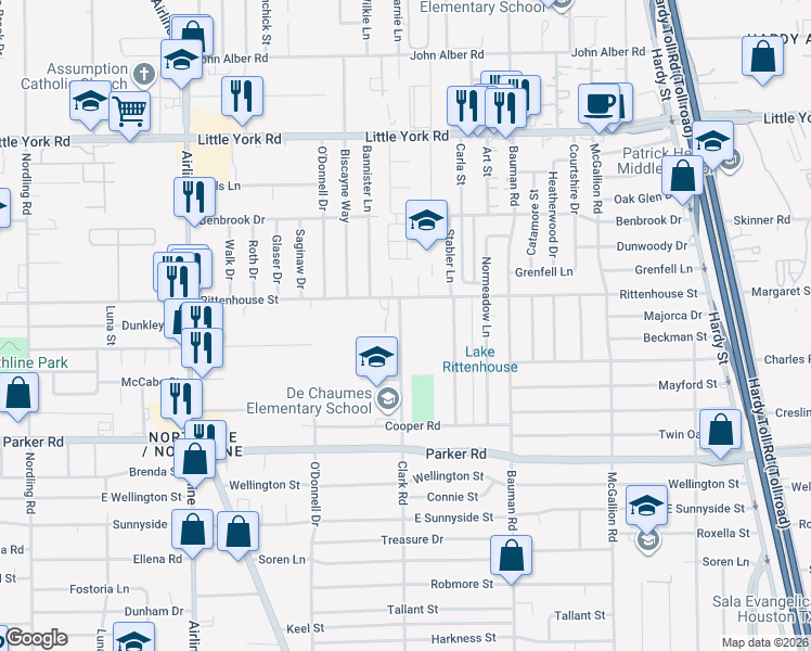 map of restaurants, bars, coffee shops, grocery stores, and more near 11106 Clark Road in Houston