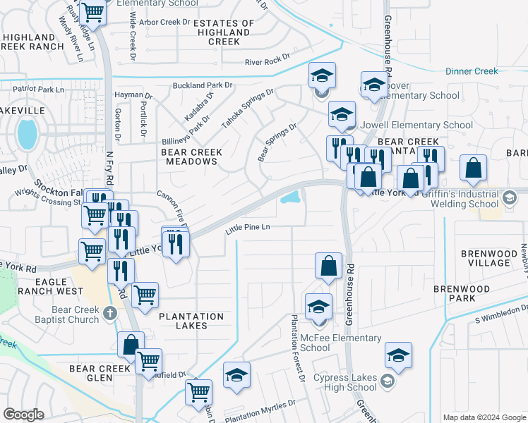 map of restaurants, bars, coffee shops, grocery stores, and more near 19501 West Little York Road in Katy
