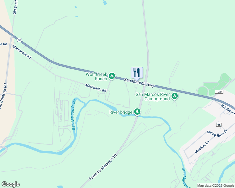 map of restaurants, bars, coffee shops, grocery stores, and more near 105 Old Martindale Road in San Marcos