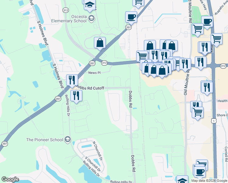map of restaurants, bars, coffee shops, grocery stores, and more near 632 Ashby Landing Way in St. Augustine