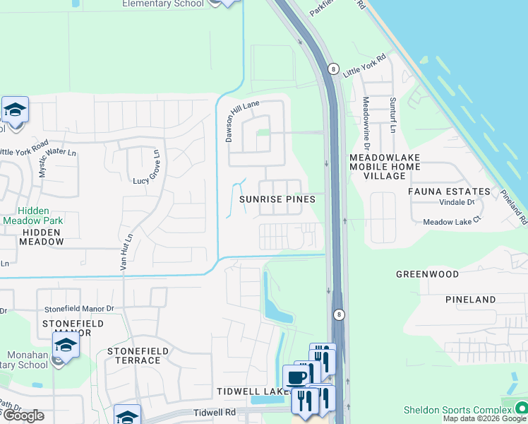 map of restaurants, bars, coffee shops, grocery stores, and more near 9502 Alex Springs Lane in Houston