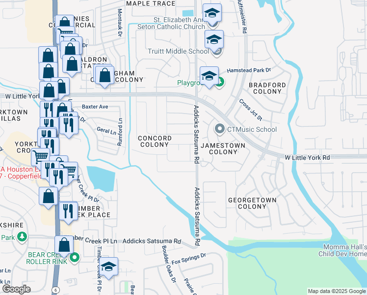 map of restaurants, bars, coffee shops, grocery stores, and more near 15019 Howland Street in Houston