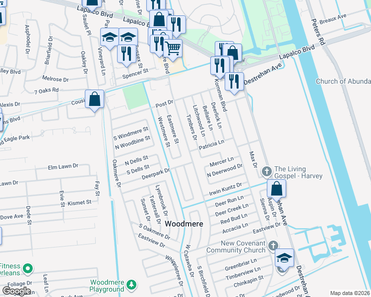 map of restaurants, bars, coffee shops, grocery stores, and more near 2401 Woodmere Boulevard in Harvey