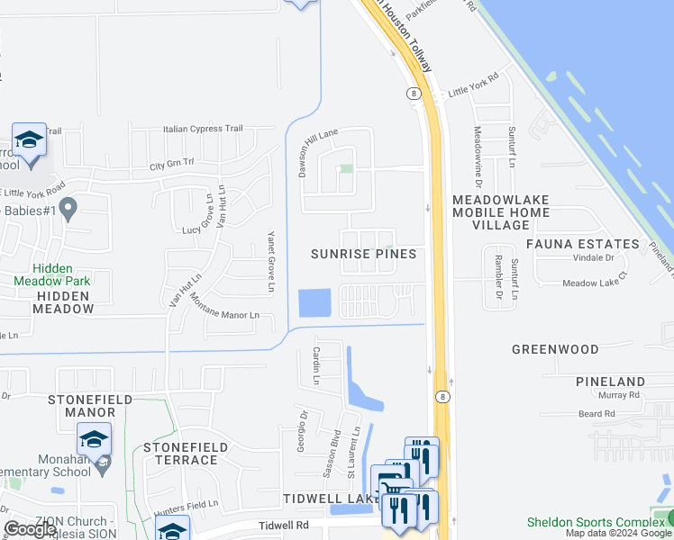 map of restaurants, bars, coffee shops, grocery stores, and more near 9507 Alex Springs Lane in Houston