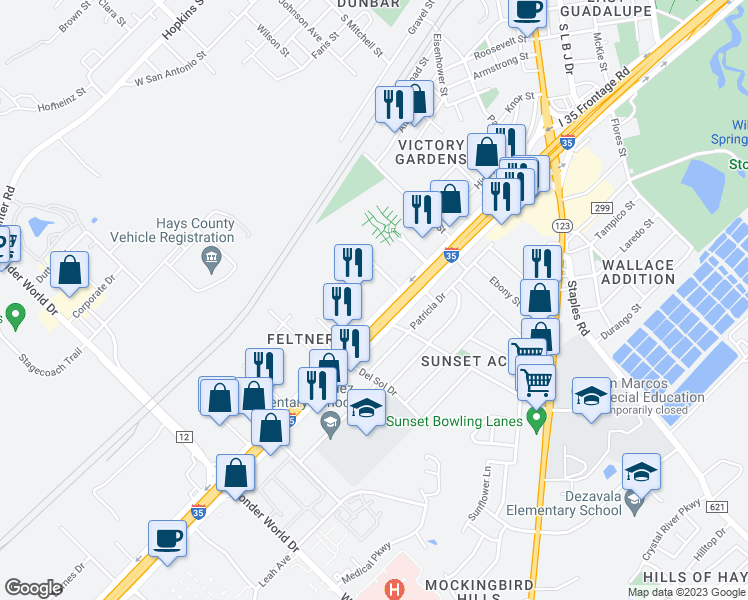 map of restaurants, bars, coffee shops, grocery stores, and more near 1608 Interstate Highway 35 South in San Marcos