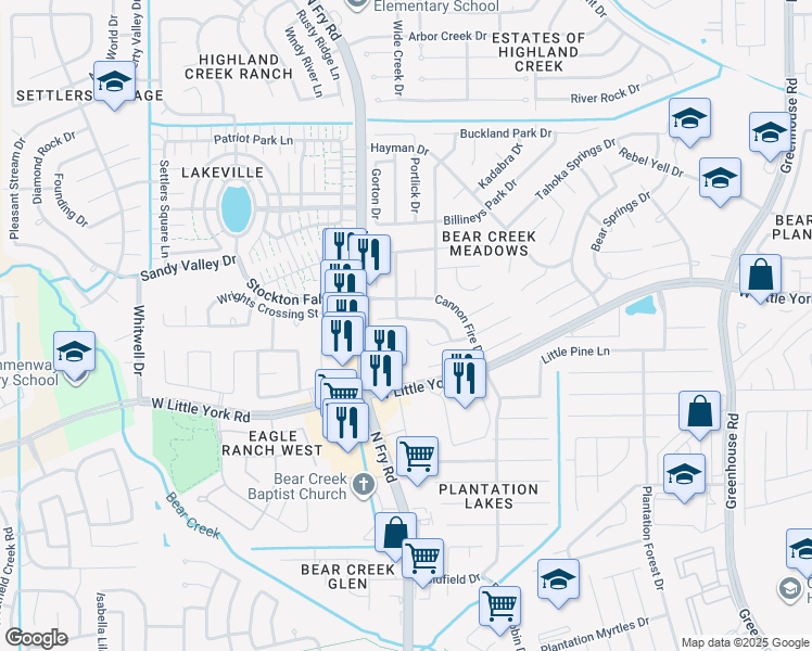map of restaurants, bars, coffee shops, grocery stores, and more near 19762 Adelaide Meadows Drive in Katy