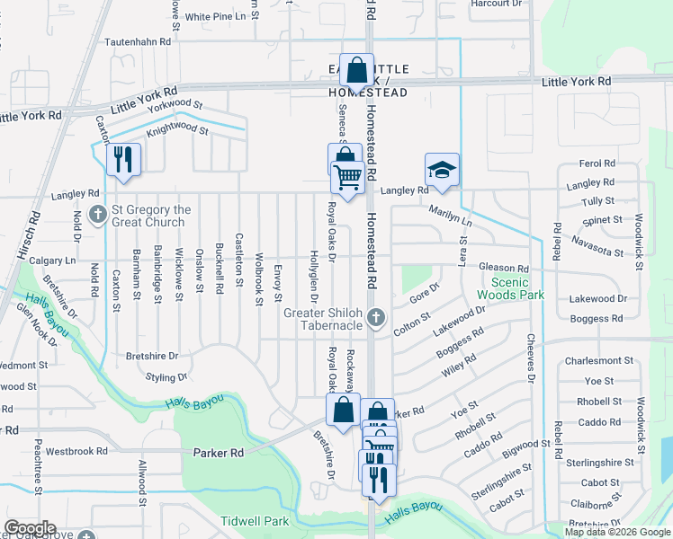 map of restaurants, bars, coffee shops, grocery stores, and more near 10423 Royal Oaks Drive in Houston