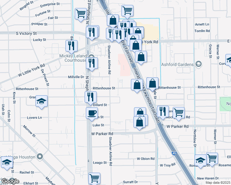 map of restaurants, bars, coffee shops, grocery stores, and more near 577 West Rittenhouse Street in Houston