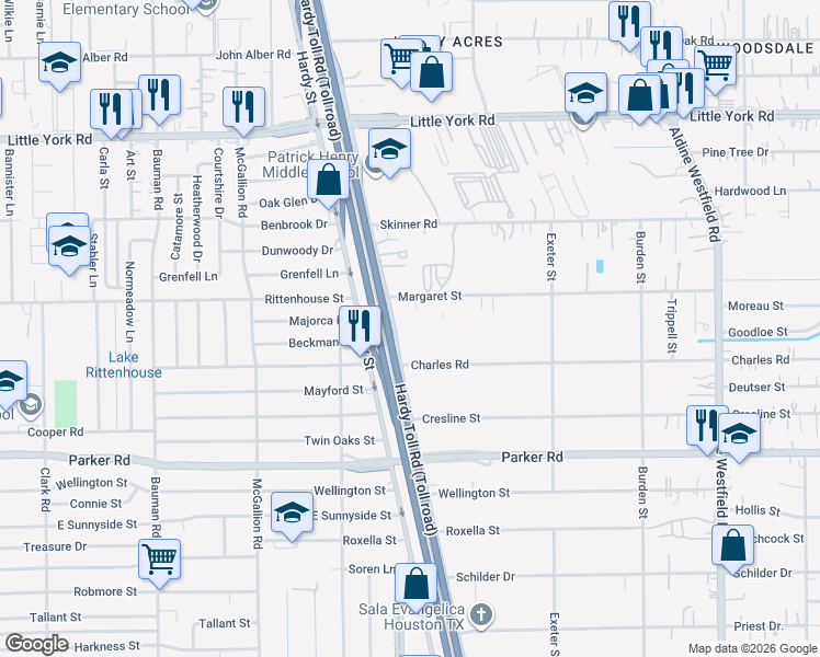 map of restaurants, bars, coffee shops, grocery stores, and more near 10440 Hardy Toll Road in Houston