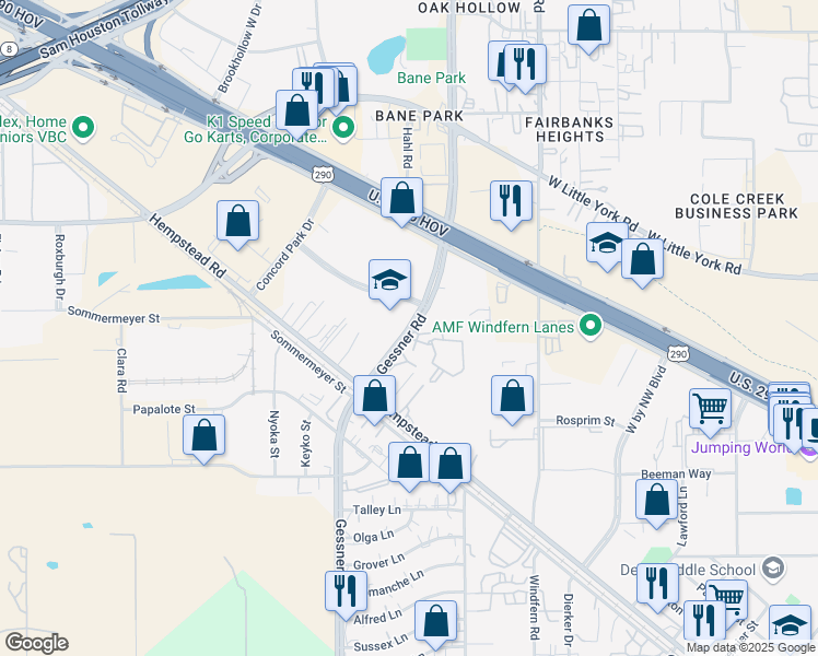 map of restaurants, bars, coffee shops, grocery stores, and more near 6627 North Gessner Road in Houston
