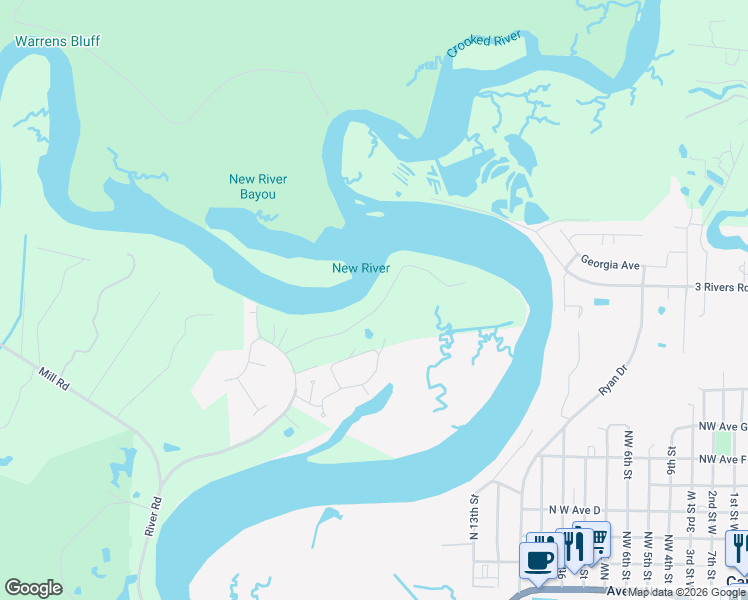 map of restaurants, bars, coffee shops, grocery stores, and more near 556 River Road in Carrabelle