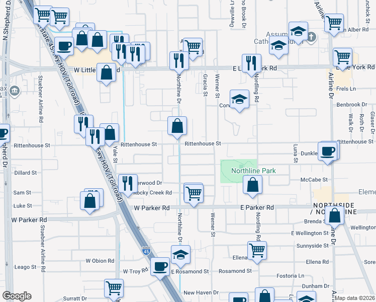 map of restaurants, bars, coffee shops, grocery stores, and more near 110 East Echo Glen Drive in Houston