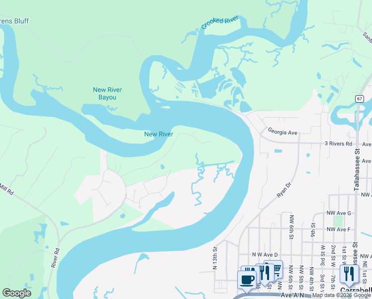 map of restaurants, bars, coffee shops, grocery stores, and more near 556 River Road in Carrabelle