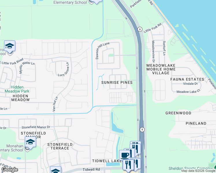 map of restaurants, bars, coffee shops, grocery stores, and more near 9502 Alex Springs Lane in Houston