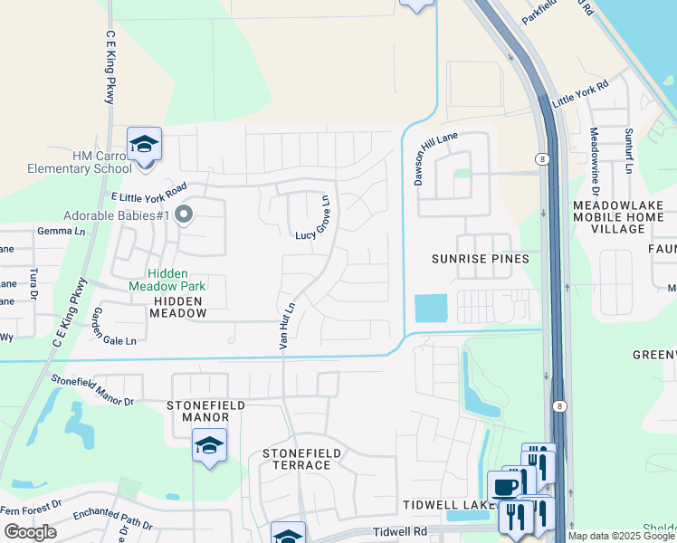 map of restaurants, bars, coffee shops, grocery stores, and more near 9847 Meadow Thistle Lane in Houston