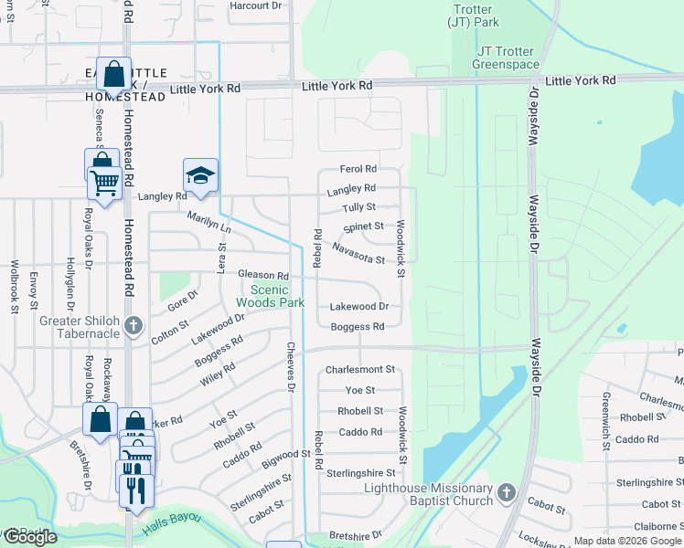 map of restaurants, bars, coffee shops, grocery stores, and more near 7620 Gleason Road in Houston