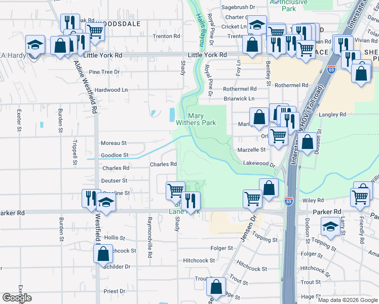 map of restaurants, bars, coffee shops, grocery stores, and more near 10412 Shady in Houston