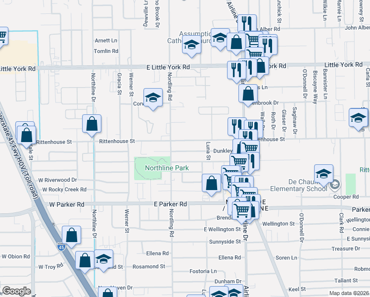 map of restaurants, bars, coffee shops, grocery stores, and more near 702 Dunkley Drive in Houston