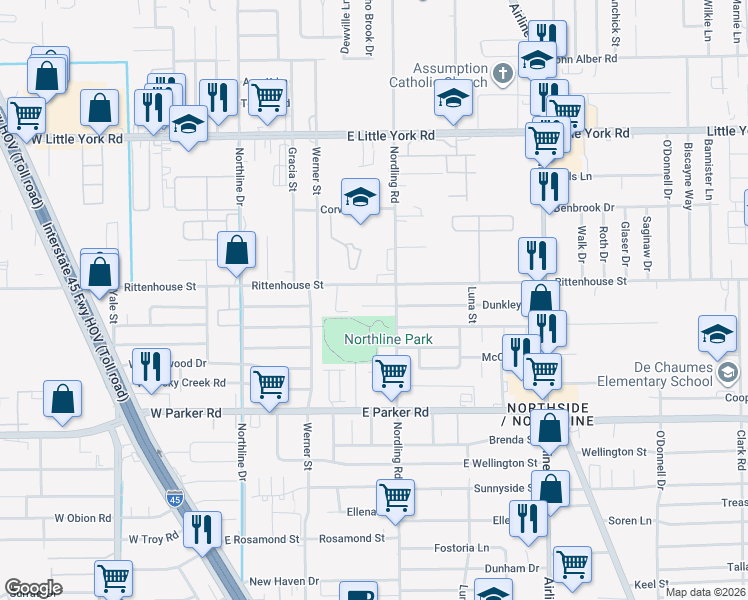 map of restaurants, bars, coffee shops, grocery stores, and more near 416 Dunkley Drive in Houston