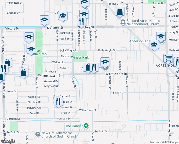 map of restaurants, bars, coffee shops, grocery stores, and more near 2122 West Little York Road in Houston