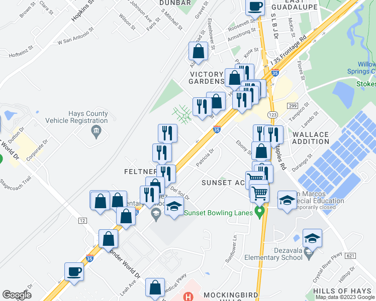 map of restaurants, bars, coffee shops, grocery stores, and more near 1560 Interstate 35 Frontage Road in San Marcos