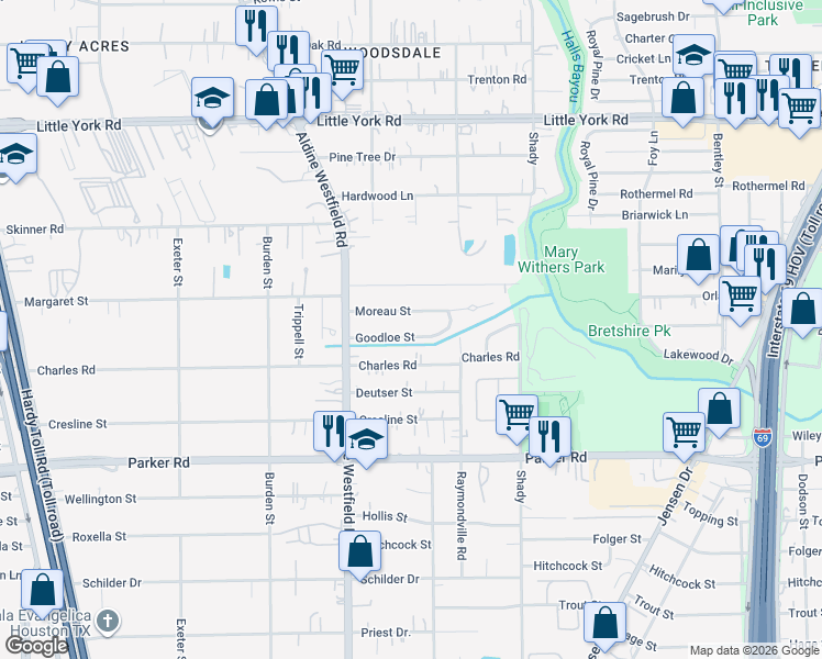 map of restaurants, bars, coffee shops, grocery stores, and more near 2423 Goodloe Street in Houston