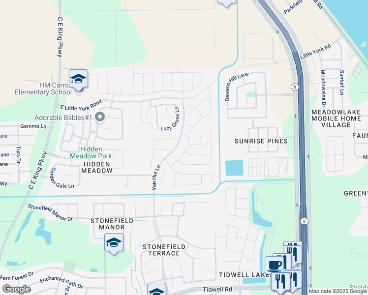 map of restaurants, bars, coffee shops, grocery stores, and more near 9847 Meadow Thistle Lane in Houston